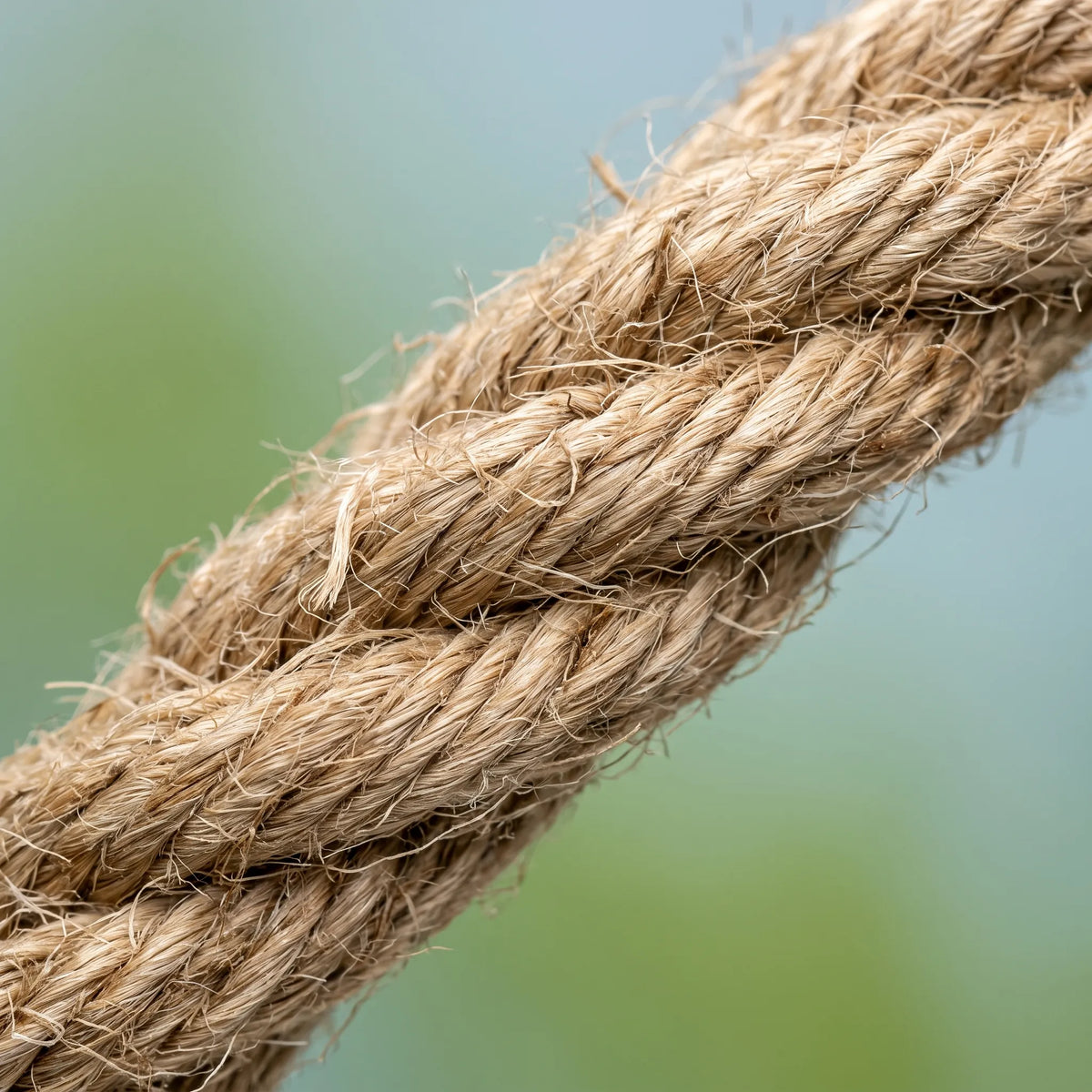Close-up of the twisted, fibrous natural rope, showing its rough texture and loose strands against a soft green and blue background. 4