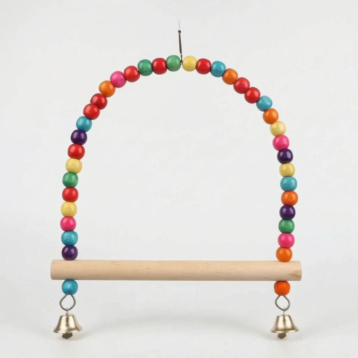 Slightly wider, taller bead arch on a white background, with a wooden perch and bells hanging below on small metal eyelets. 6