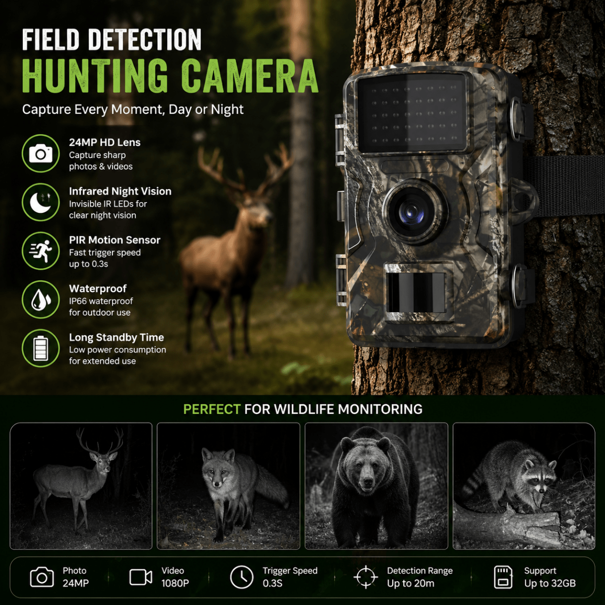Camera strapped to a tree trunk in woodland, with a stag behind and four night-vision wildlife shots of a deer, fox, bear and raccoon. 6