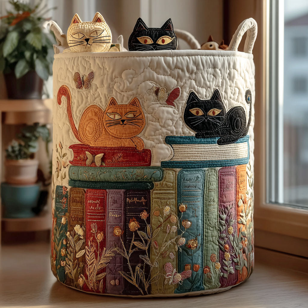 Quilted Cat Print Laundry Basket - Foldable Storage Hamper 1