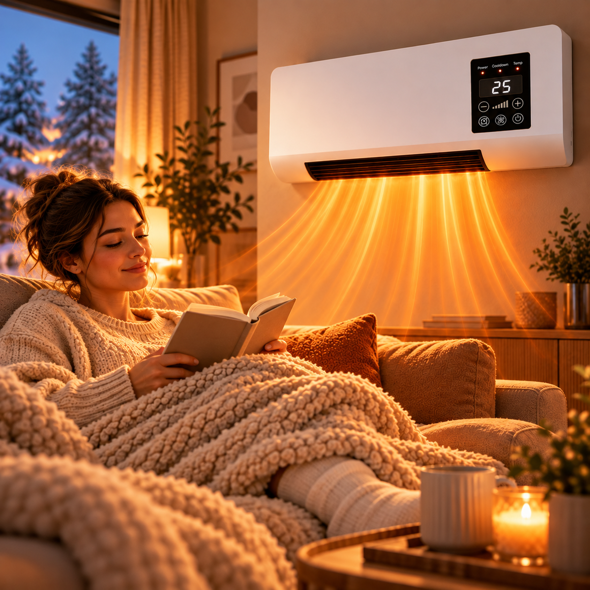 Woman reading a book under a chunky blanket, glowing warm air flowing down from the wall heater 6