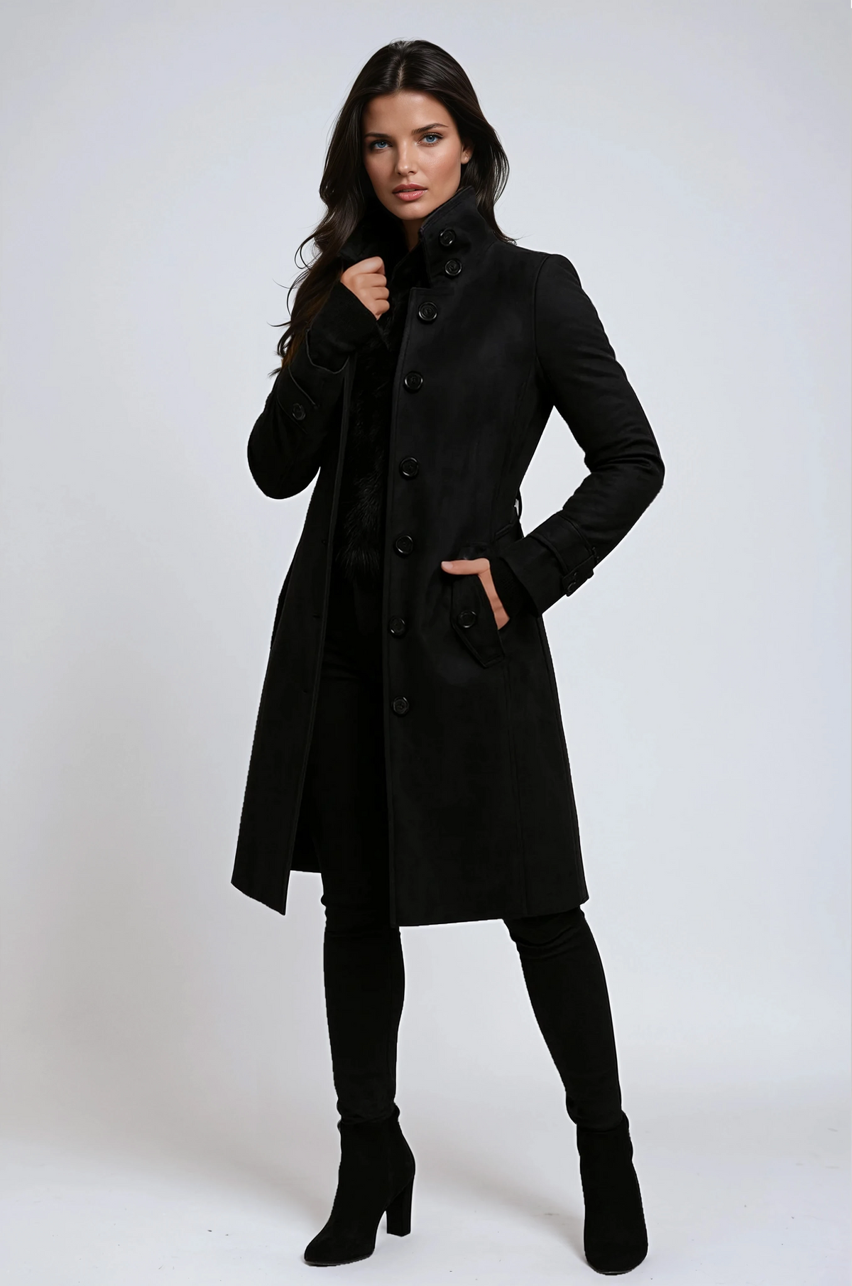 Full-length view of the black coat worn with black boots, one hand in the pocket 4