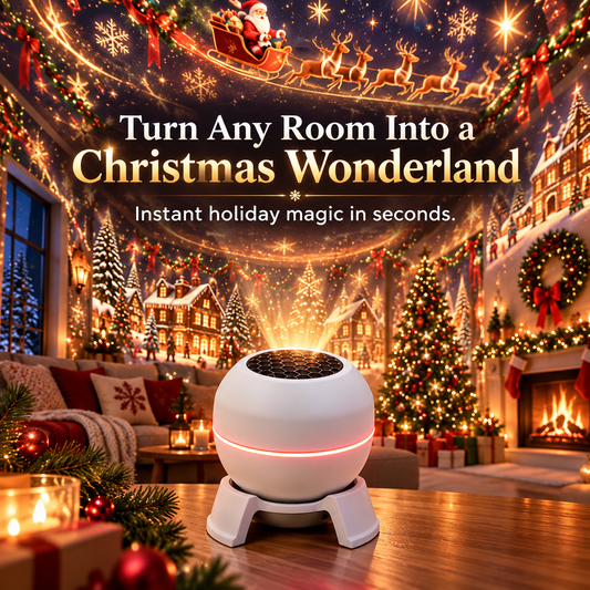 Spherical white projector with a glowing red band on a wooden table, beaming festive scenes over a cosy, decorated lounge. 2