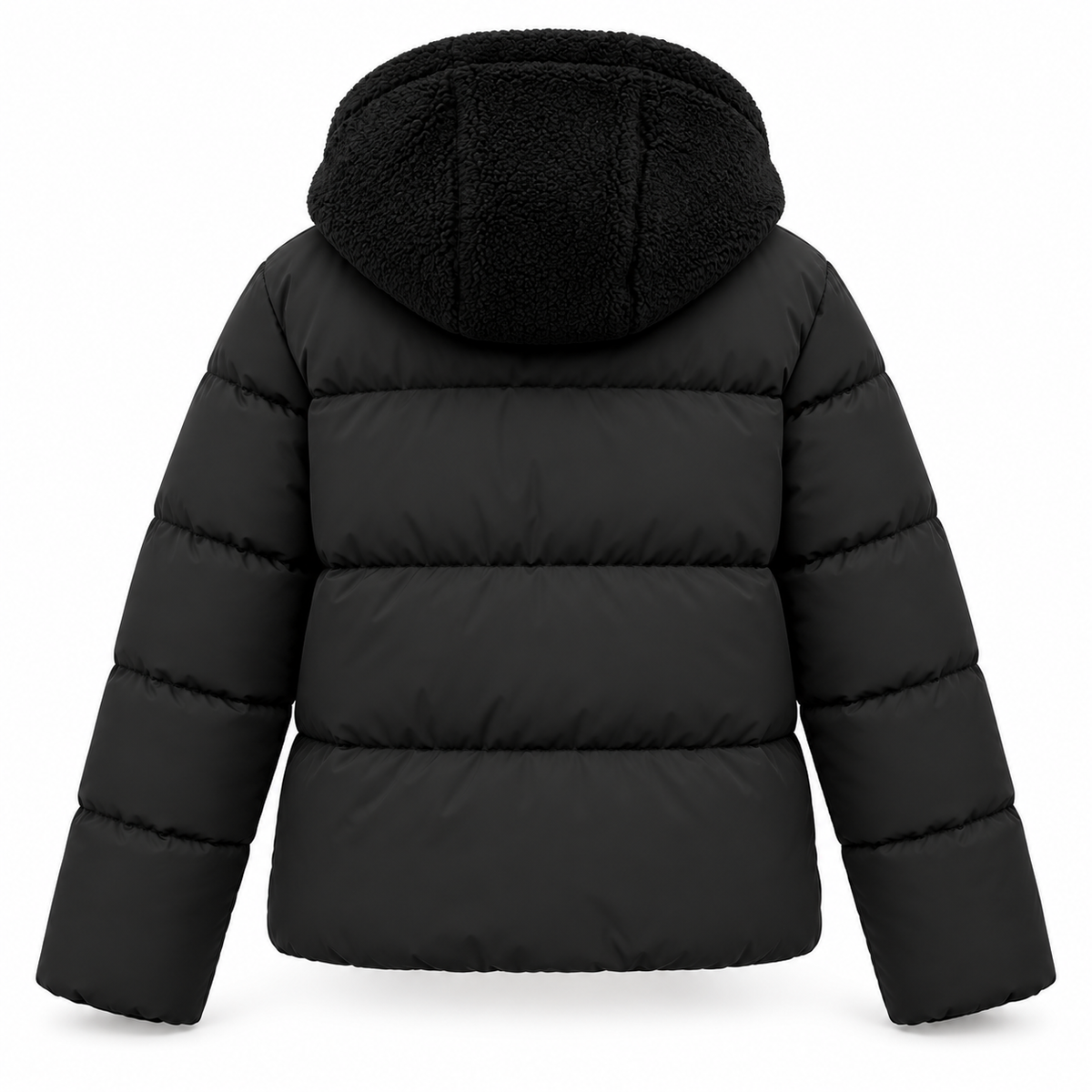 Back view of the black quilted jacket on a white background, showing horizontal quilting and the fleece-lined hood. 5