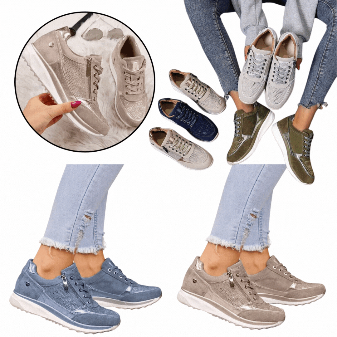 Collage showing the trainers in beige, navy, grey, olive, blue and taupe, worn and held in hand 7