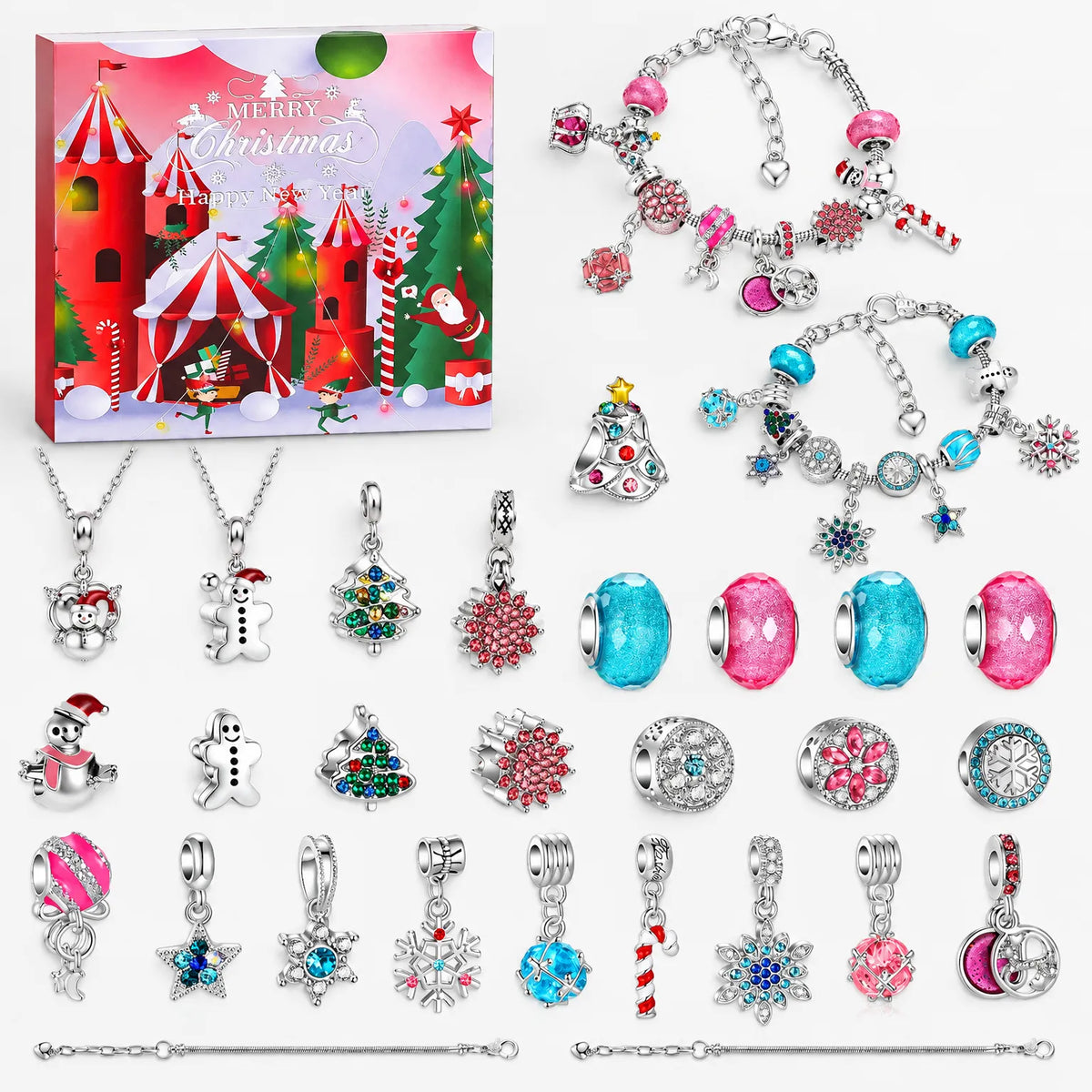 Pink and turquoise set laid flat: boxed calendar with a candy-striped scene, two bracelets, two necklaces and loose snowman, tree and snowflake charms. 12