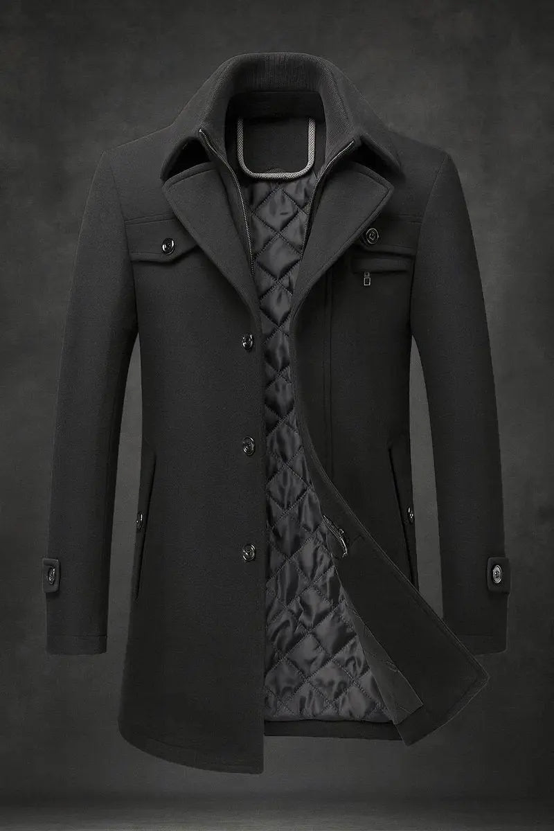 Black version of the coat, open at the front, showing black quilted lining and inner collar 5