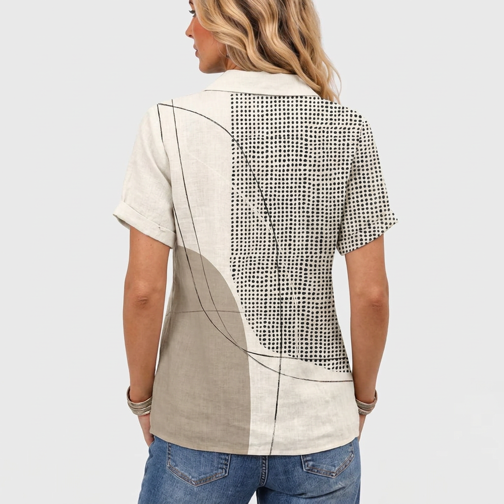 Back view on a model showing the dotted panel, curved beige shape and fine black lines 5