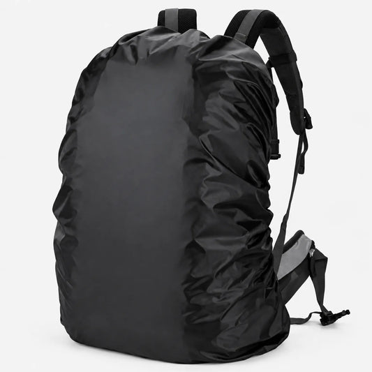 Black rucksack cover stretched snugly over a backpack on a plain white background, shown from the side with the shoulder straps visible. 2