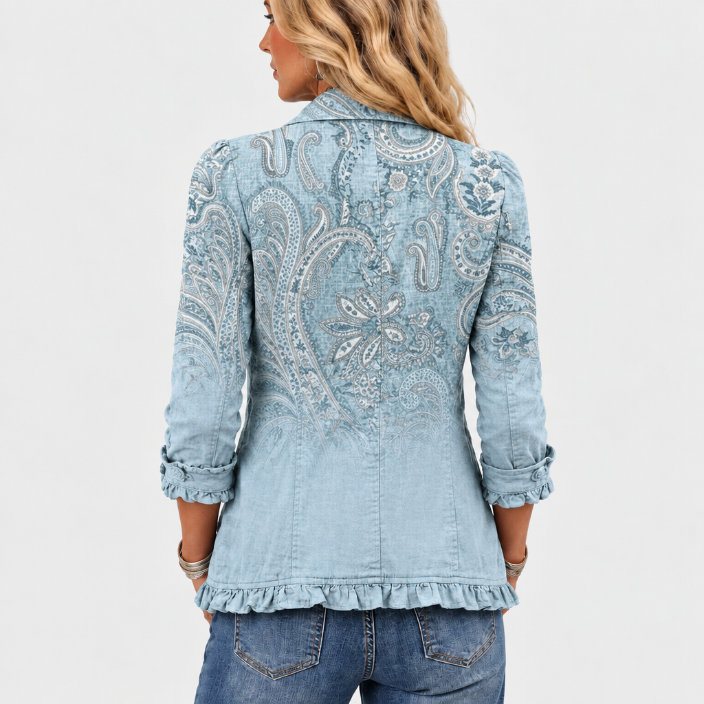 Back view of the jacket showing the large paisley print and ruffled hem 5
