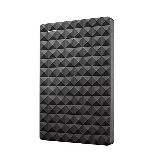 Front view of the black drive's diamond-patterned casing, standing upright without a cable 2
