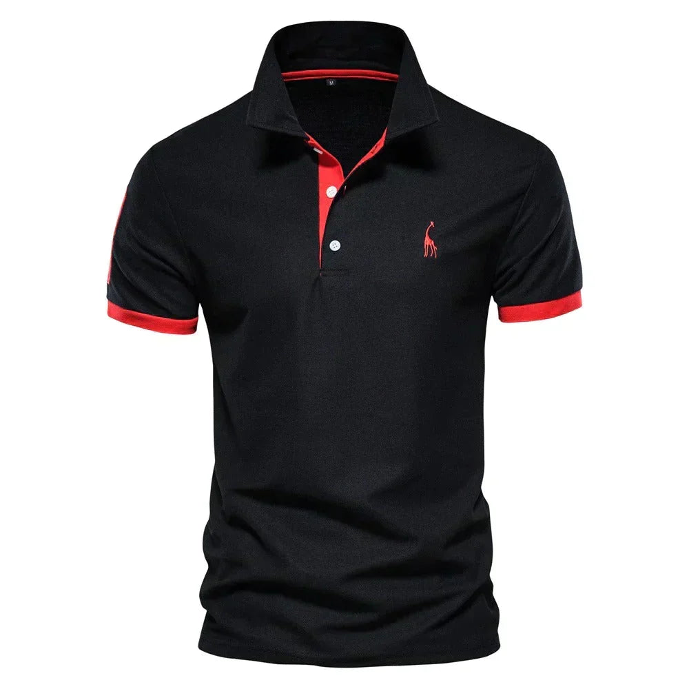 Black short-sleeved polo with red cuffs, placket trim and a red embroidered giraffe on the chest 6
