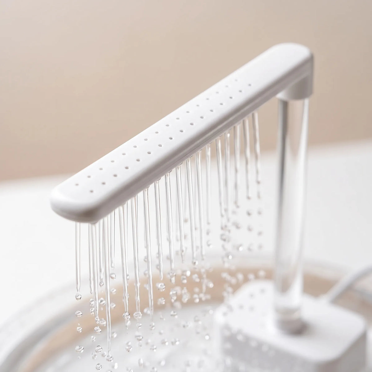 Close-up of the white spray bar with its rows of small holes and thin water streams dripping into the basin below. 3