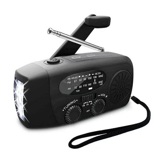 Black version of the radio with torch lit, aerial raised and a wrist strap attached 2