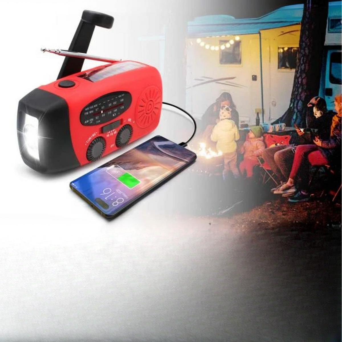 Red radio with torch lit charging a phone, set beside a night-time campsite scene with people round a fire 4