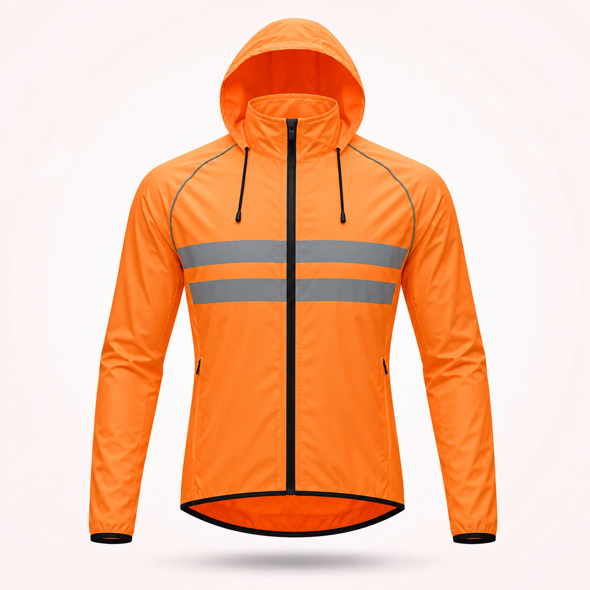 Front view of the bright orange hooded version with drawcord hood, zipped pockets and two reflective chest stripes. 20