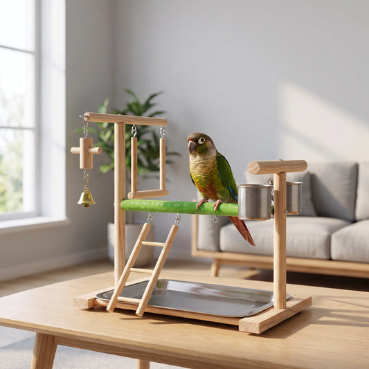 Wooden play stand on a table in a bright living room, with a small green parrot perched on the green bar. 2