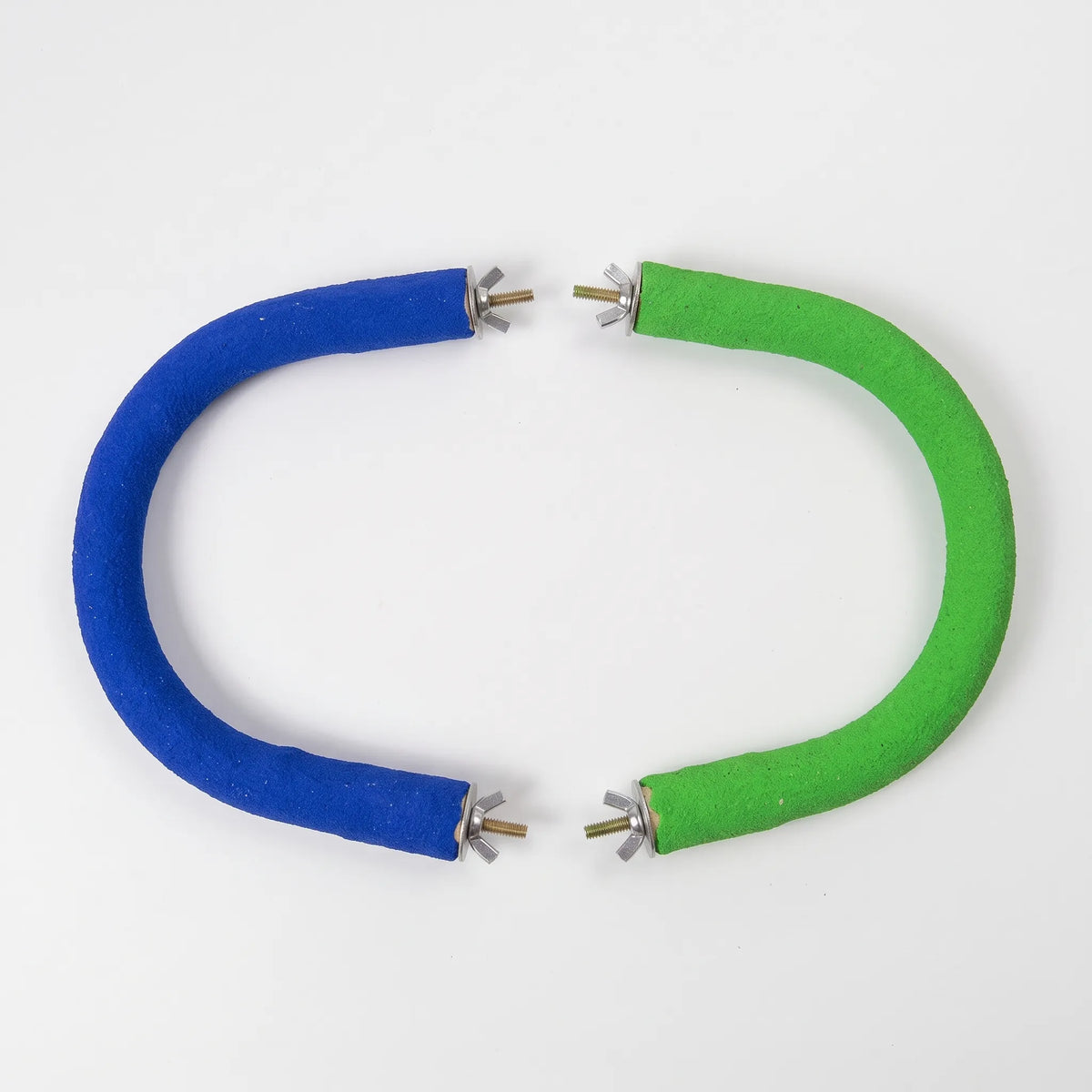Blue and green curved perches laid facing each other on white, each with a washer, wing nut and bolt at the ends. 7