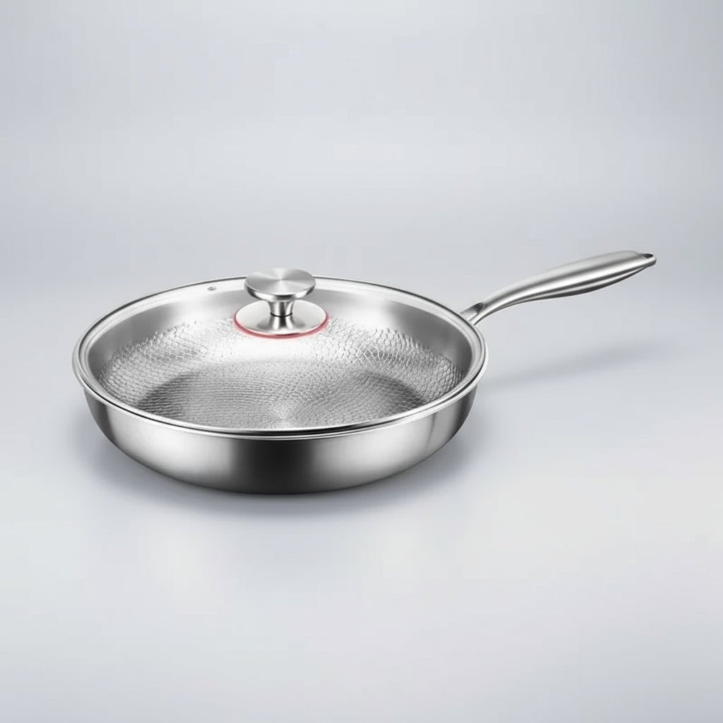 Pan with a clear glass lid and steel knob, shown from the side on a pale grey studio background. 8