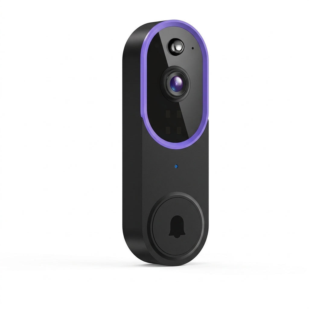 Black doorbell with purple ring around the camera, shown at an angle on a plain white background 8