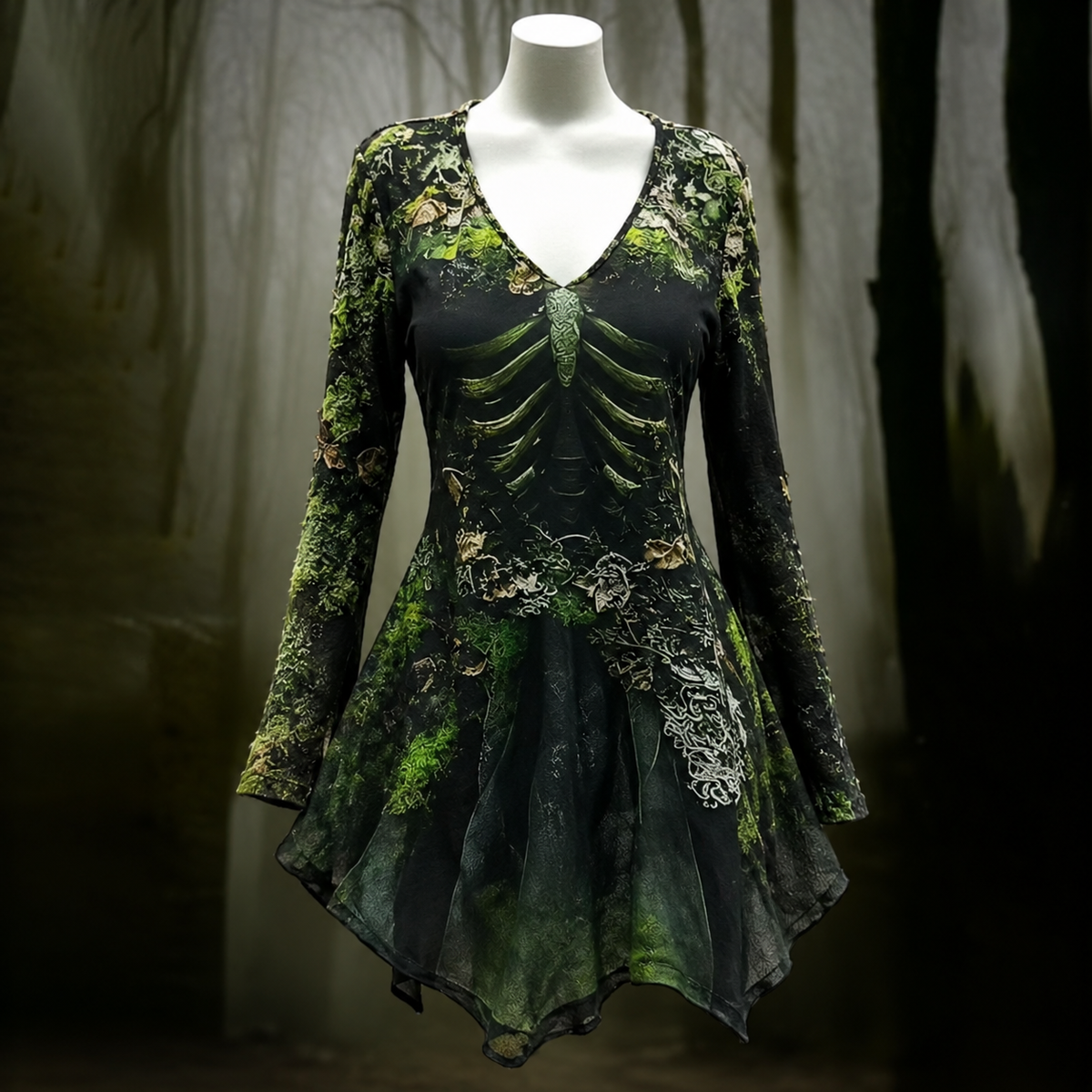 Front view on a mannequin of a V-neck, long-sleeved dress with a rib cage and moss print and a pointed, uneven hem, against a misty forest backdrop. 1