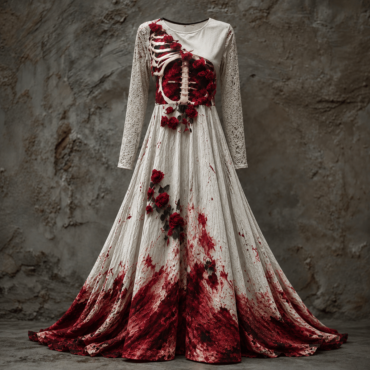 White version with lace-style sleeves, a rib cage and red roses on the bodice, and red splatter across the full skirt. 5