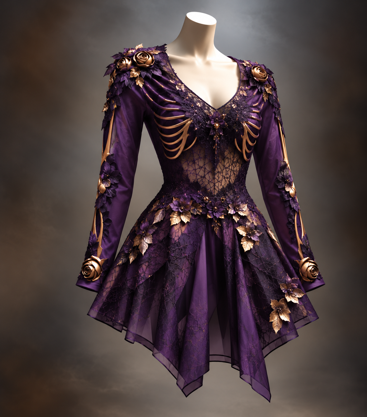 Purple version on a mannequin, with sheer lace bodice, gold rib-bone details, gold roses and leaves, and a flared layered skirt. 7