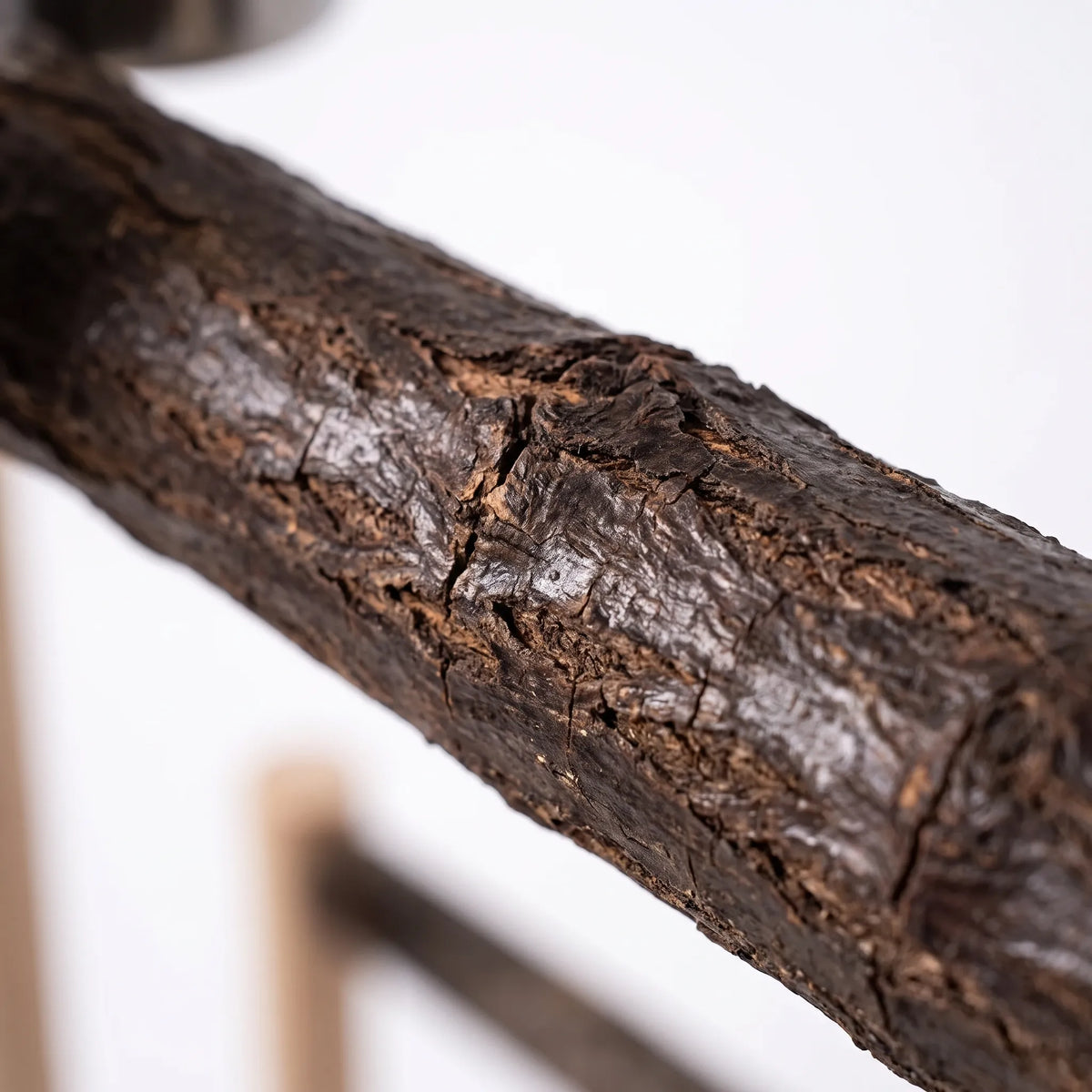 Close-up of a rough, dark natural bark perch showing its cracked, textured surface, with the pale wooden frame blurred behind. 3