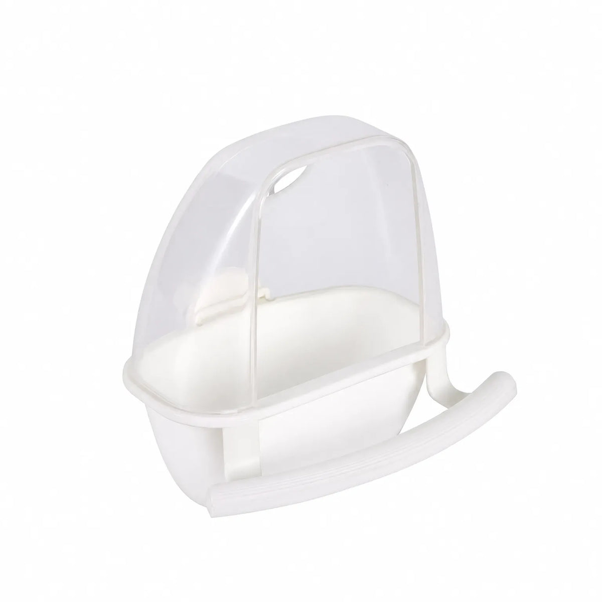 White version of the feeder with a see-through hood and a curved perch, shown on a plain white background. 6