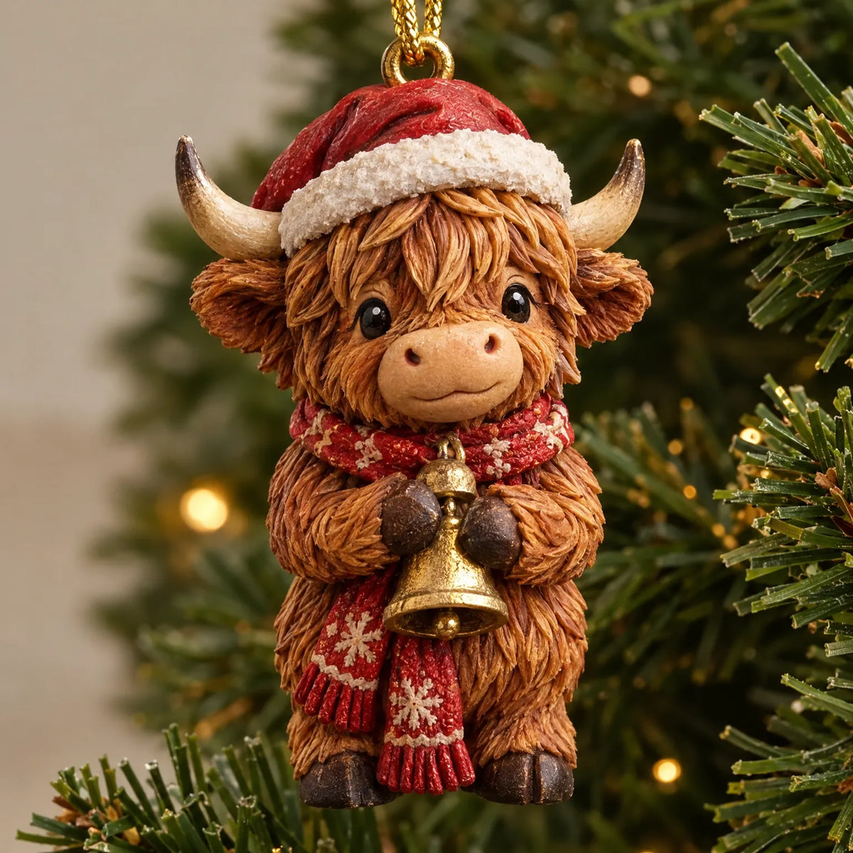 Close-up of a hanging Highland cow ornament in a red Santa hat and snowflake scarf, holding a gold bell. 3