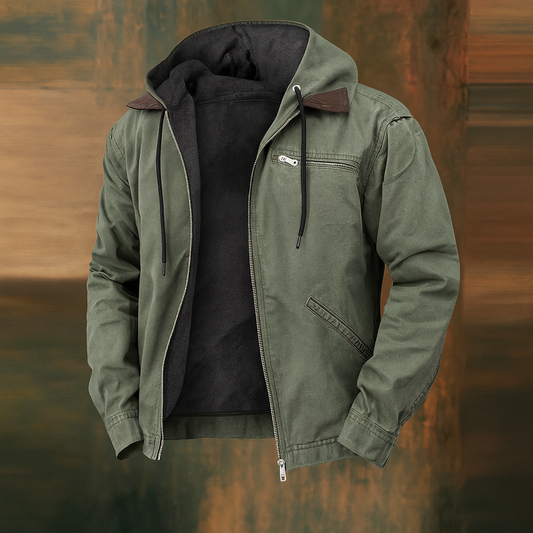 Olive green version of the hooded jacket, unzipped to show the dark fleece lining, against a blurred brown and green backdrop. 2