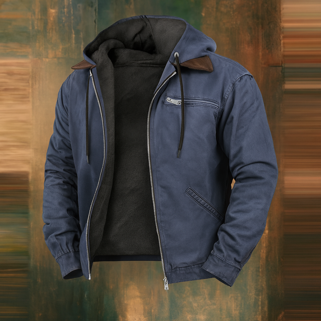Navy blue version of the hooded jacket, unzipped to reveal the dark fleece lining and chest zip pocket, on a textured backdrop. 4