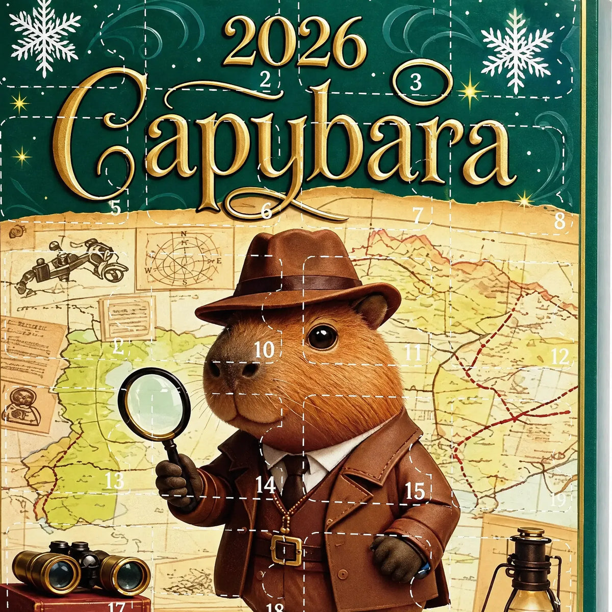 Close-up of the box front showing a capybara detective in a brown hat and coat holding a magnifying glass, with numbered door flaps. 3