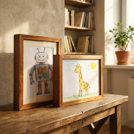 Two dark wood frames standing on a rustic table by a bookshelf, showing a crayon robot and a giraffe drawing. 2