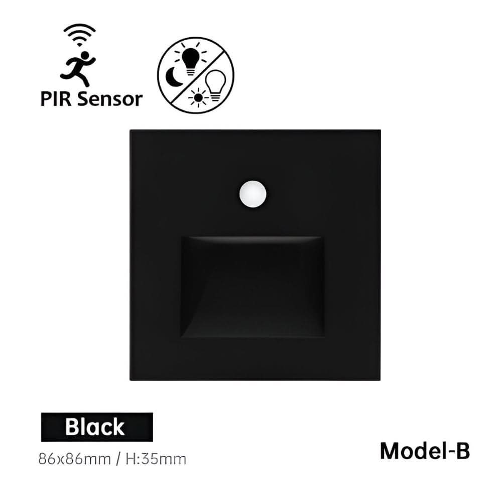 Front of the black square wall light with a round sensor and a recessed light window 12