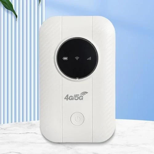 Front view of the white rounded hotspot with black circular display and power button on a marble surface 8
