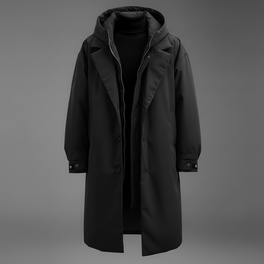 Black version of the long hooded coat shown unworn from the front, open to reveal a black roll-neck jumper beneath. 2