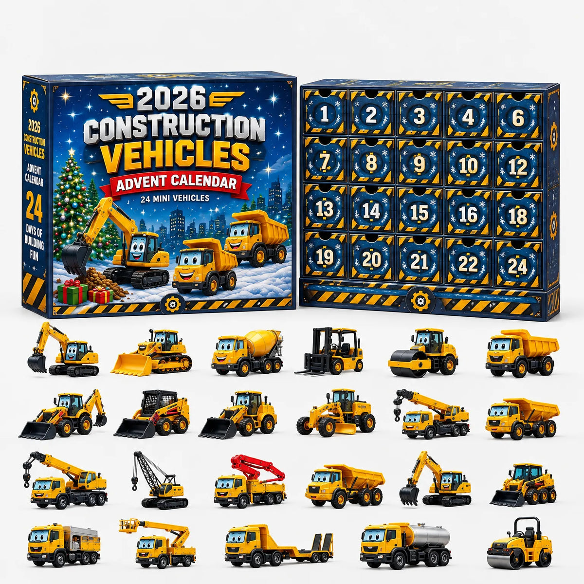 Festive construction vehicles advent calendar with snowflake drawers, shown with 24 yellow miniature diggers, cranes, trucks and rollers that have smiling carto 11