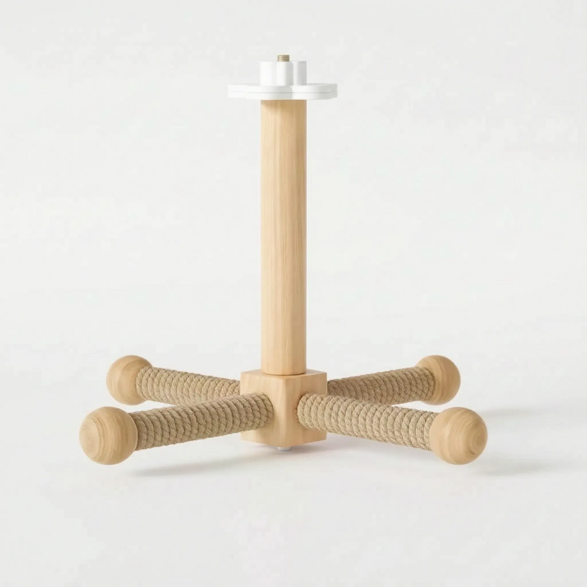Perch with natural beige rope-wrapped arms and wooden ball ends, seen from slightly above, showing the screw fitting under the base block. 5