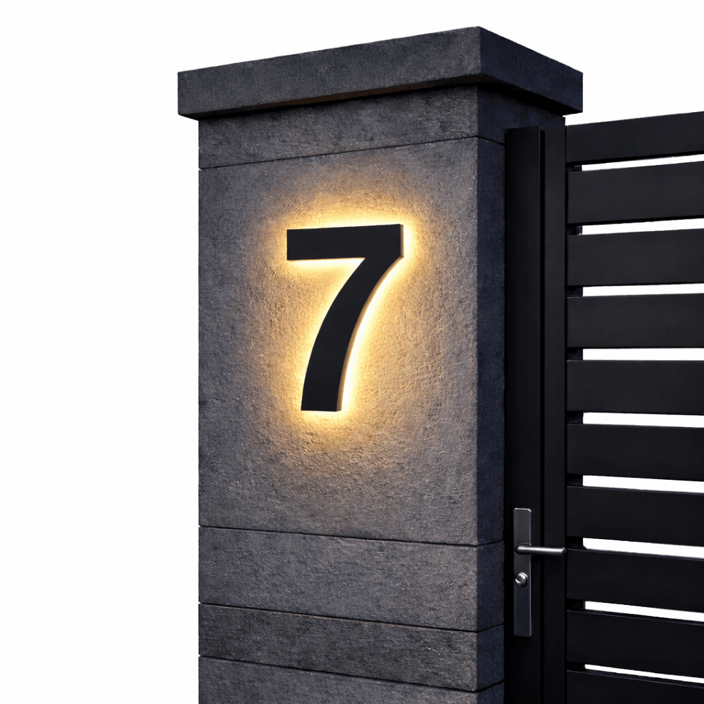 Black number 7 with a warm backlit glow on a dark stone gatepost next to a black slatted gate. 13
