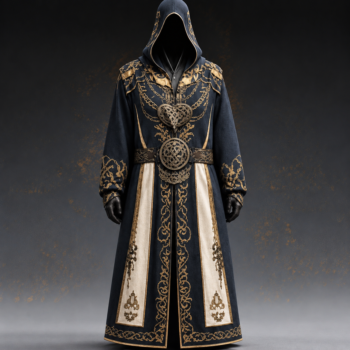 Front view of a long hooded robe on a faceless figure, with gold embroidery, cream panels and a Celtic knot belt buckle. 1