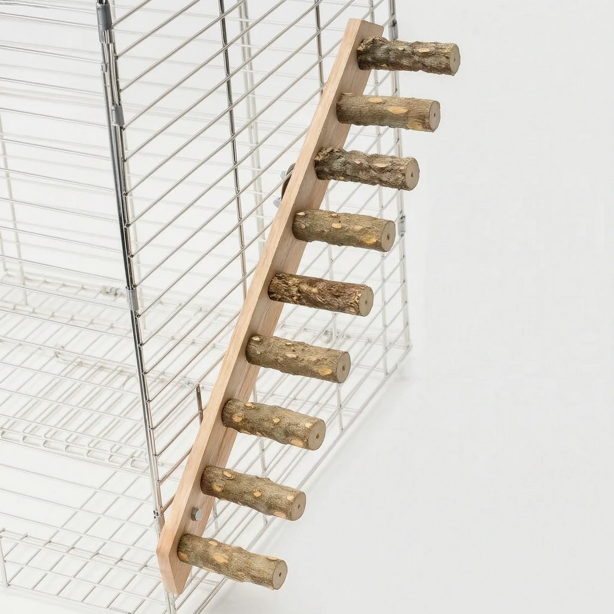 Longest ladder with eight natural branch rungs on a pale wooden board, mounted on the side of a wire cage. 8