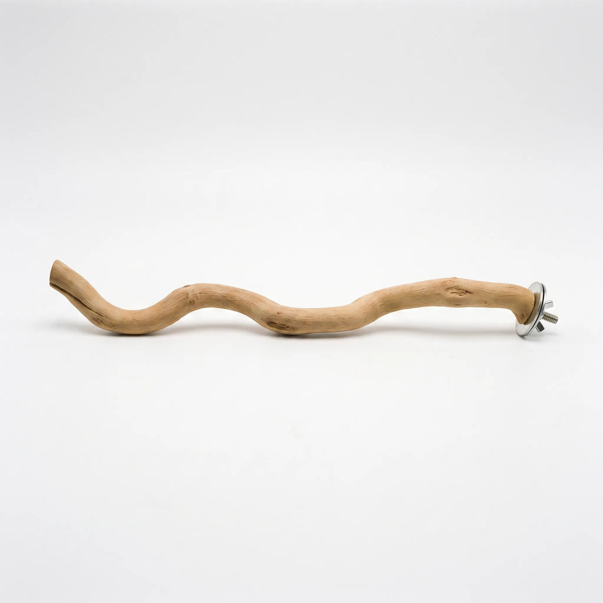 Full length of the long, curvy natural wood perch with visible knots and grain, and the metal bolt and wing nut fixing on the right. 7