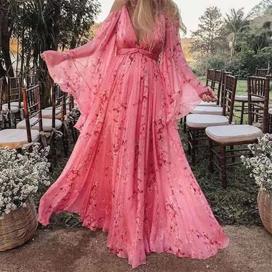 Swinging Pink Chiffon Dress with Flared Sleeves - Isabelle