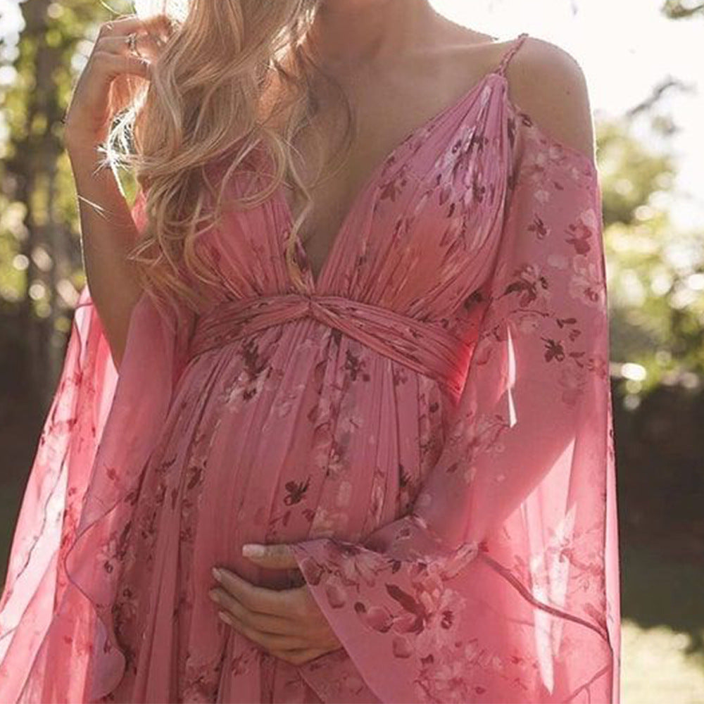 Swinging Pink Chiffon Dress with Flared Sleeves - Isabelle