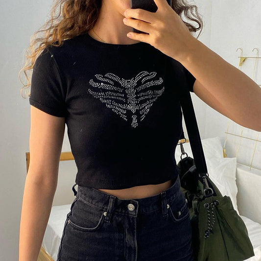 Trendy women's crop top with rhinestone skeleton pattern – Yara