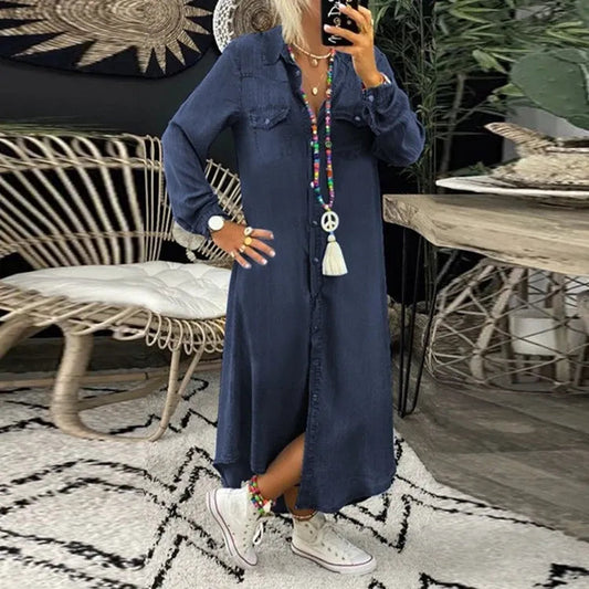 Trendy Denim Dress with Button Closure and Pockets – Isaline