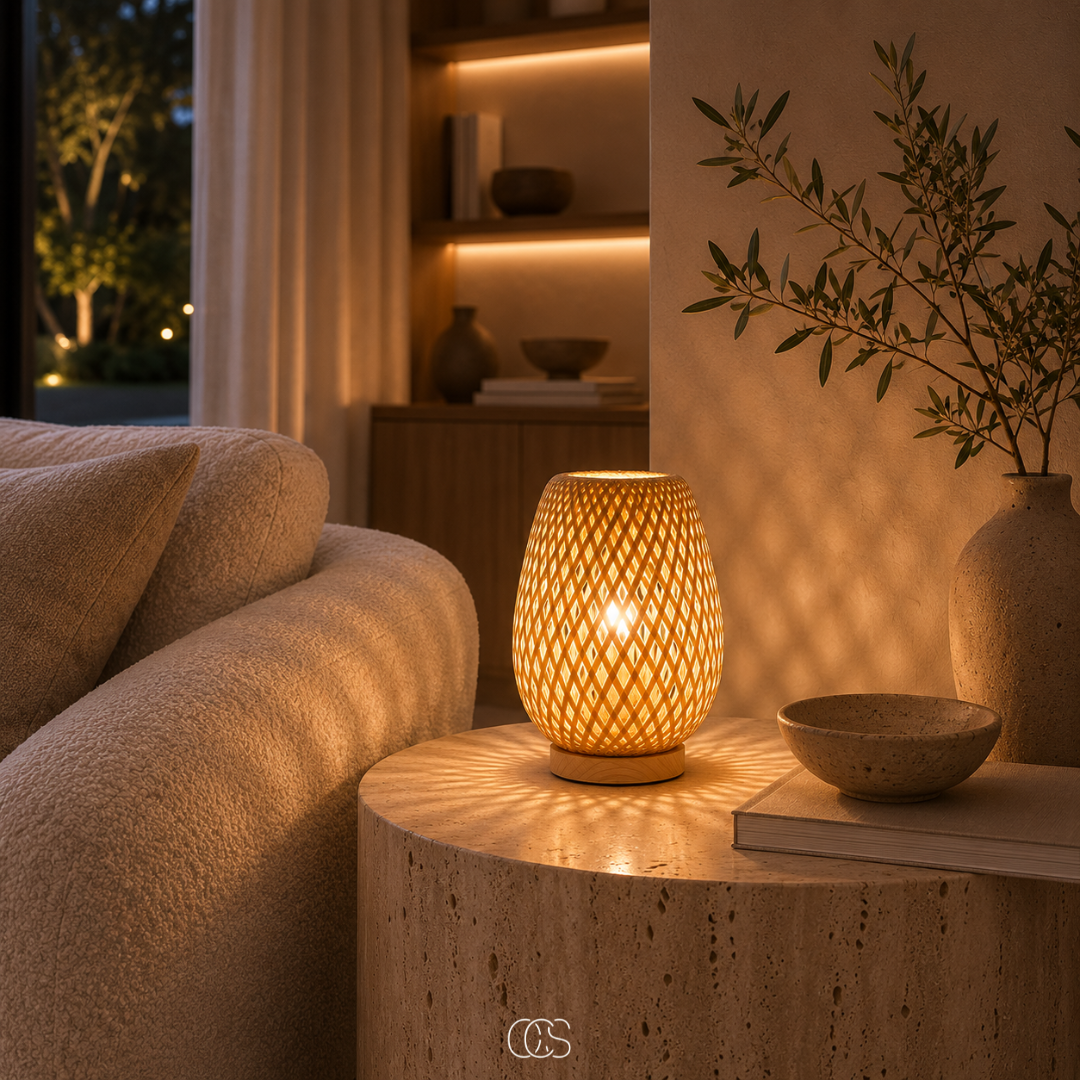 Close view of the lit bamboo lamp on a round travertine side table, with a bowl, a book and a boucle sofa nearby. 5