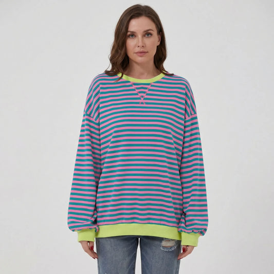 Oversized Striped Crew-Neck Sweatshirt - Holly