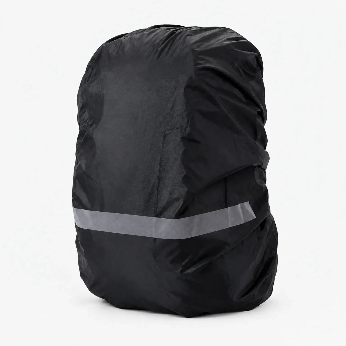 Black rucksack cover on a plain white background, with a pale grey reflective band running across the lower half. 10